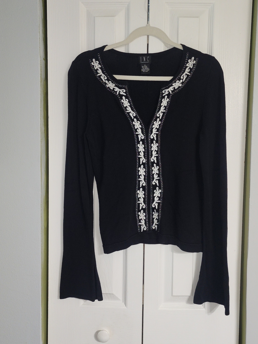 INC International Concepts Black Long-Sleeve Top with White Embroidery